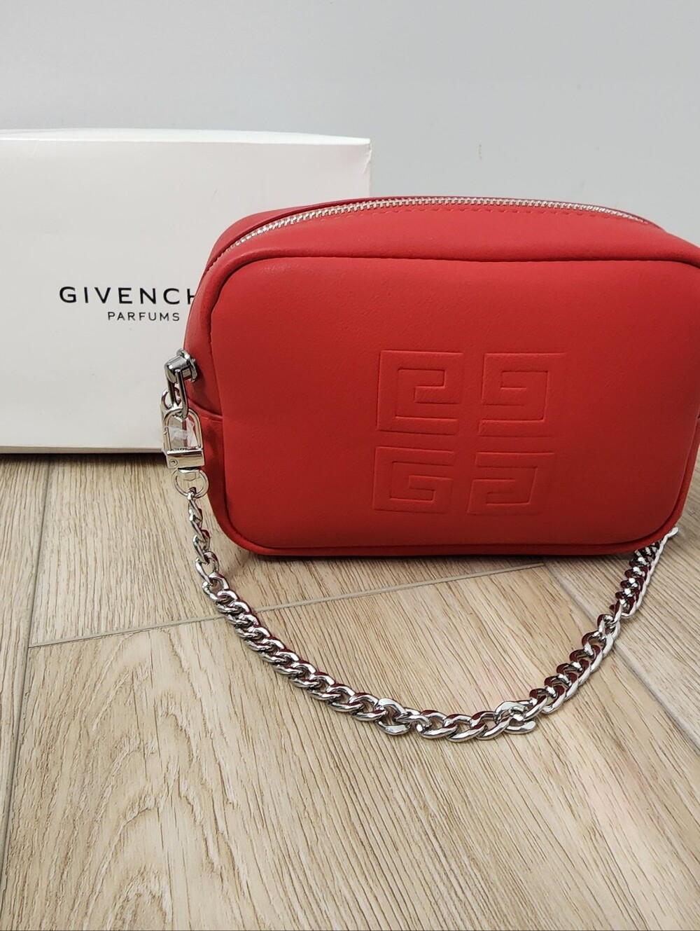 Givenchy Iconic Logo Red Pouch Zip Clutch Leather Bag With Silver Chain New